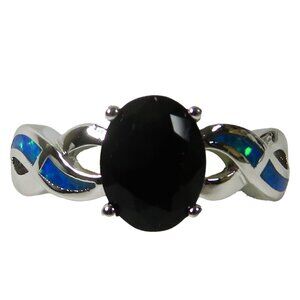 Size 9 Silver Ring Blue Lab Fire Opal Inlay & 8mm*6mm Black Onyx - New Old Stock